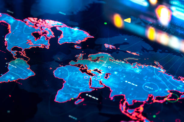 карта мира на цифровом дисплее - международный бизнес стоковые фото и изображения