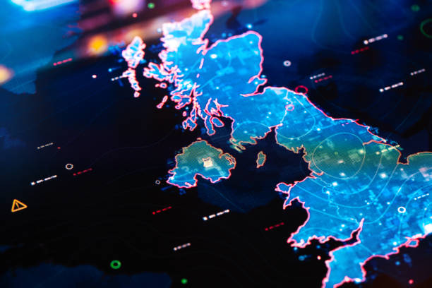 istock Map of UK on digital display 1386414642