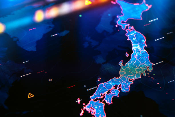 istock Map of Japan on digital display 1386415193