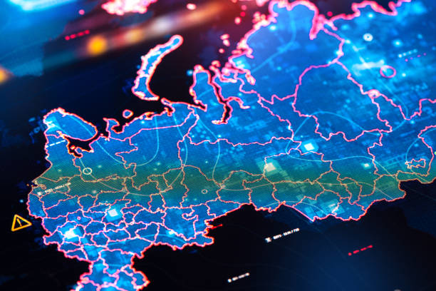 istock Map of Russia on digital display 1386415716