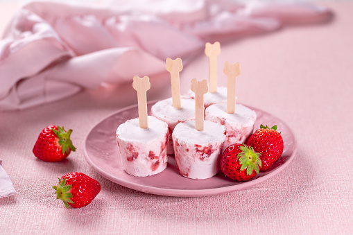 Homemade strawberry vanilla yogurt popsicles