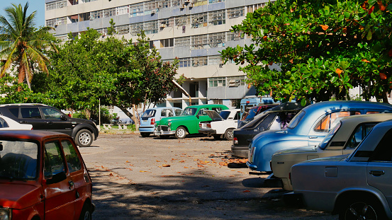 Havana, Cuba - May 09, 2017: Residential house with car park