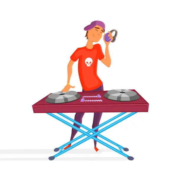 Vector illustration of Cartoon teen dj. Boy playing. Young Dj wearing headphones and scratching a record on the turntable.