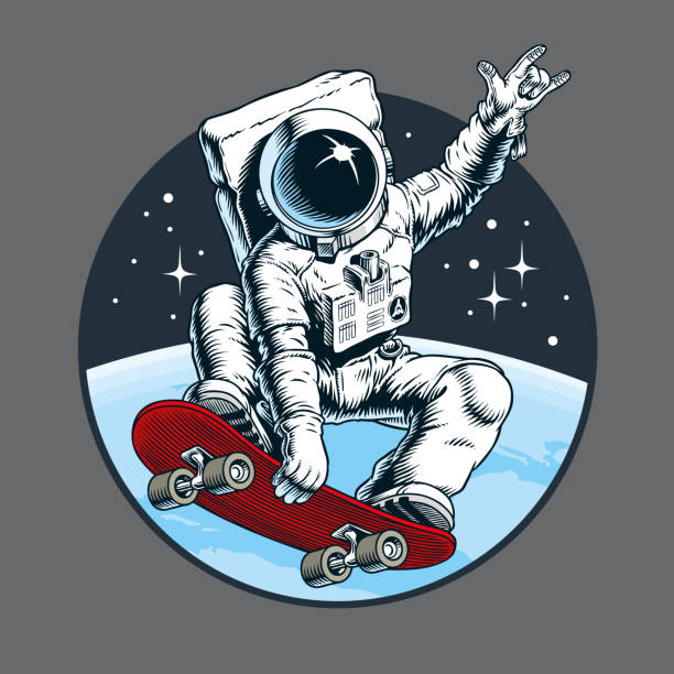 illustrazioni stock, clip art, cartoni animati e icone di tendenza di pattinatore astronauta che cavalca su skateboard attraverso lo spazio. illustrazione vettoriale. - skateboarding