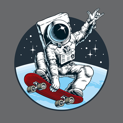 Astronaut skater riding on skateboard through the space. Comic book style vector illustration.