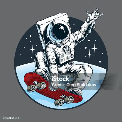 istock Astronaut skater riding on skateboard through the space. Vector illustration. 1386418162