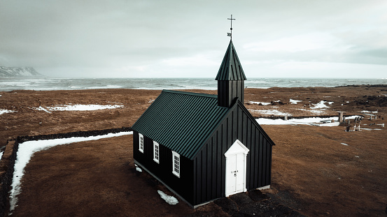 Black Church Budhir at Budir Snaefellsness Búðakirkja in Winter Iceland