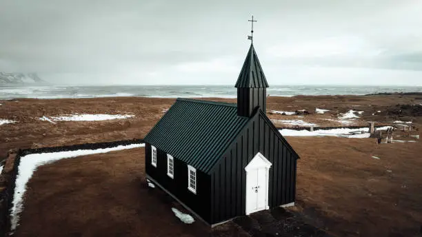 Photo of Black Church Budhir at Budir Snaefellsness Búðakirkja in Winter Iceland