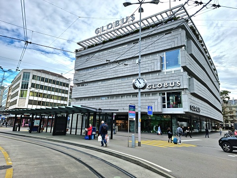 The Globus shopping building in Zurich City captured during spring season.