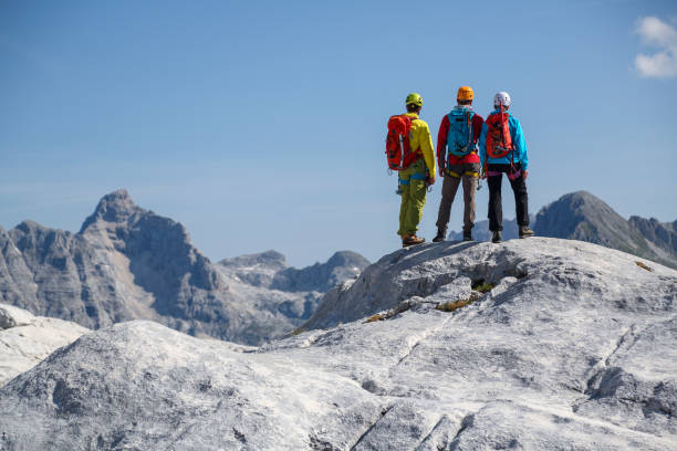 alpinisti ammirando la vista - exploration mountain teamwork mountain peak foto e immagini stock