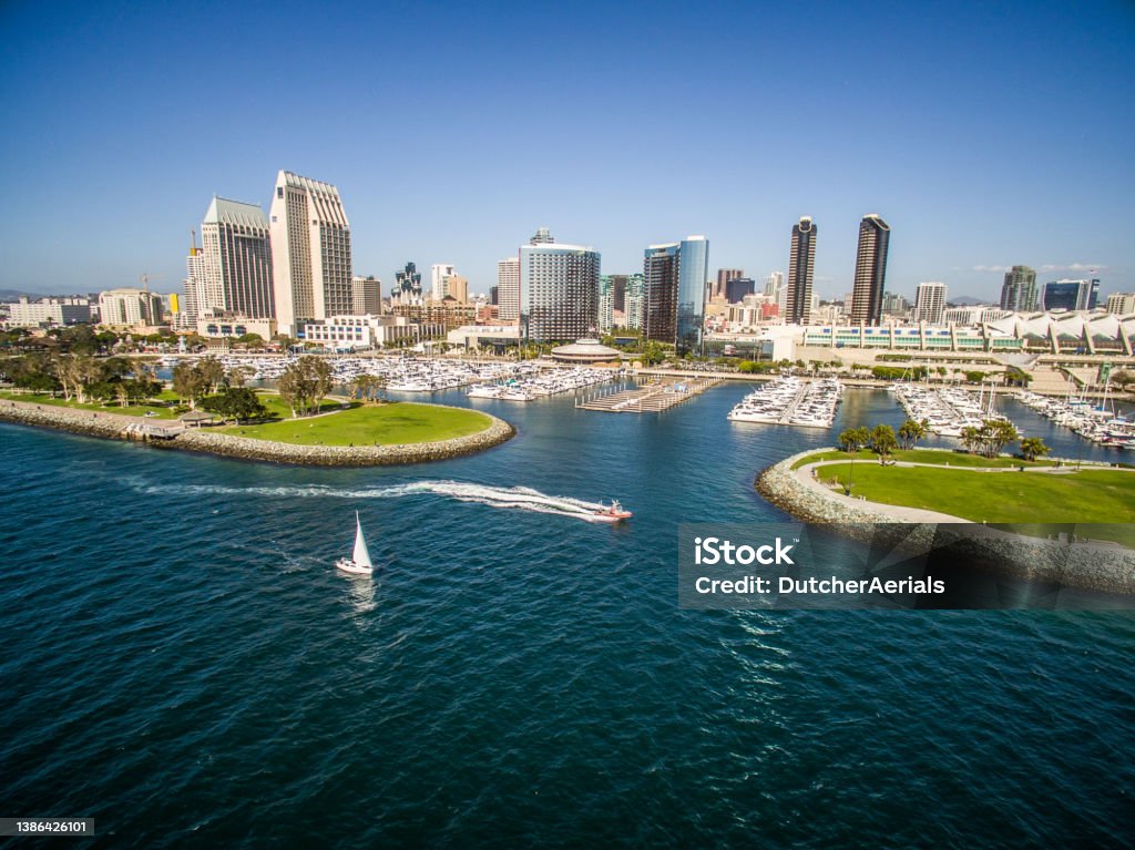 Aerial view of San Diego harbor Aerial view of boats and downtown San Diego San Diego Stock Photo