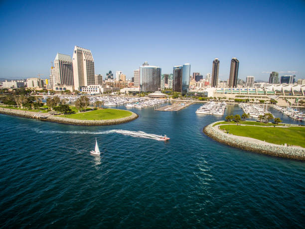 Aerial view of San Diego harbor Aerial view of boats and downtown San Diego san diego stock pictures, royalty-free photos & images