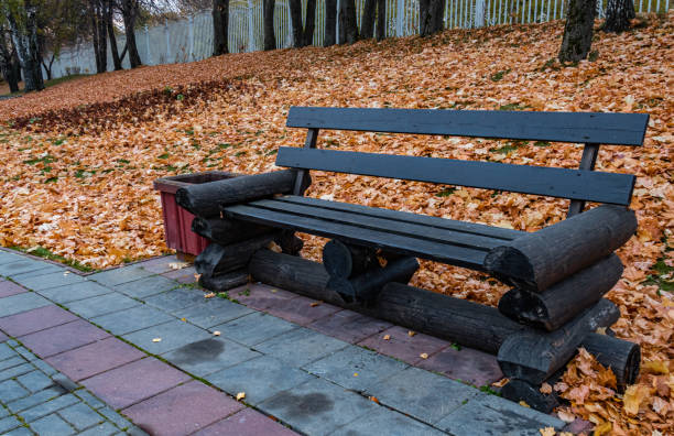 畑を見下ろす秋の公園に立つ空のベンチ - free your mind 写真 ストックフォトと画像
