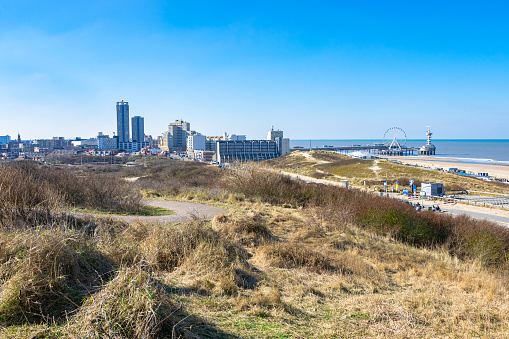 Skyline of famous sea side resort of Scheveningen, close to the city of The Hague, The Netherlands.