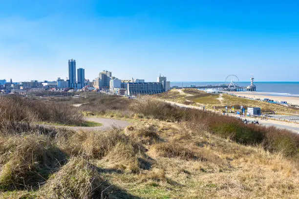 Skyline of famous sea side resort of Scheveningen, close to the city of The Hague, The Netherlands.