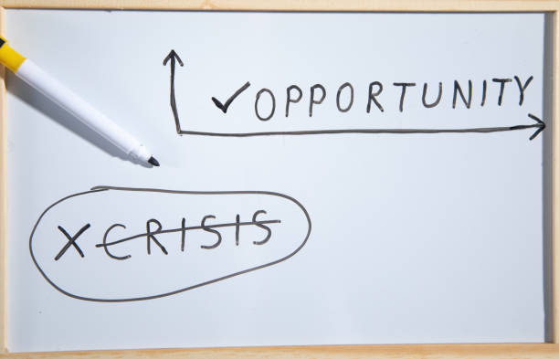 istock Crisis and Opportunity on whiteboard. Business concept 1386436381