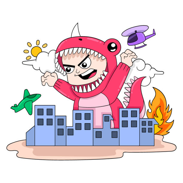 boy kid wearing godzilla dinosaur costume destroys the whole city, doodle icon image kawaii boy kid wearing godzilla dinosaur costume destroys the whole city, vector illustration art. doodle icon image kawaii. godzilla vector stock illustrations