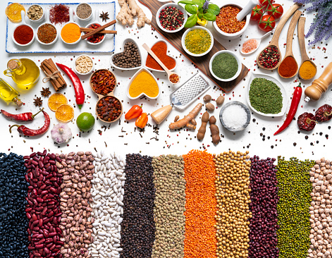 Assorted Spices herbs condiments seasoning and dried legumes in a row isolated on white background with copy space