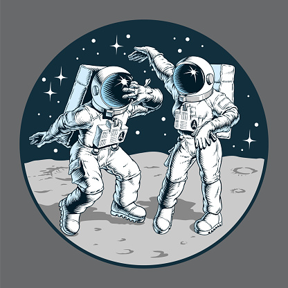 Astronauts dancing twist. Space dance party. Man and woman on the Moon. Comic book style vector illustration.