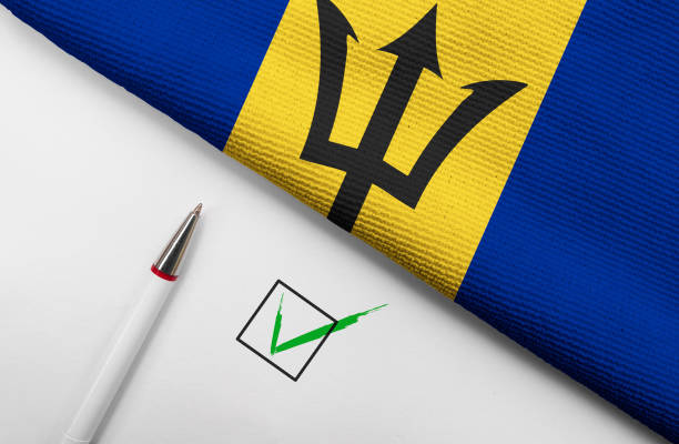 Pencil, Flag of Barbados and check mark on paper sheet