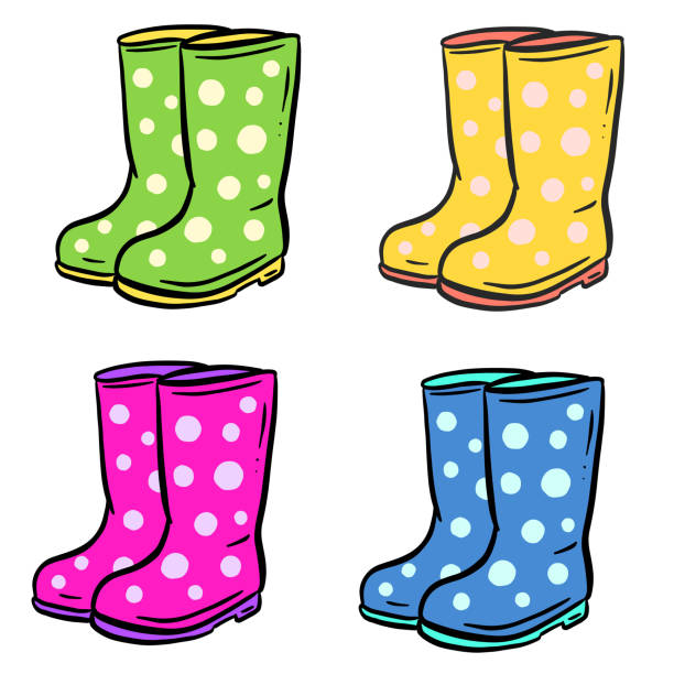 garden wellington boots cartoon illustration gummistiefel in gelb rosa blau und grün mit flecken - galoshes stock-grafiken, -clipart, -cartoons und -symbole