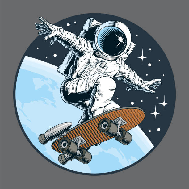 ilustraciones, imágenes clip art, dibujos animados e iconos de stock de patinador astronauta montado en monopatín por el espacio. ilustración vectorial. - skateboarding