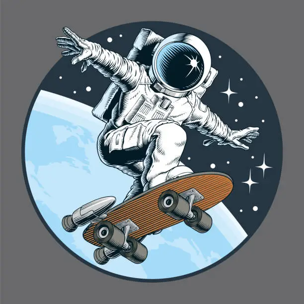 Vector illustration of Astronaut skater riding on skateboard through the space. Vector illustration.