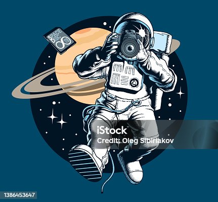istock Astronaut taking a photo or video in outer space. Photographer or cameraman. Digital camera and memory card. Saturn planet and stars on background. Space tourist. Vector illustration. 1386453647