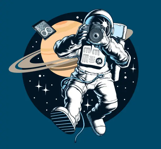 Vector illustration of Astronaut taking a photo or video in outer space. Photographer or cameraman. Digital camera and memory card. Saturn planet and stars on background. Space tourist. Vector illustration.