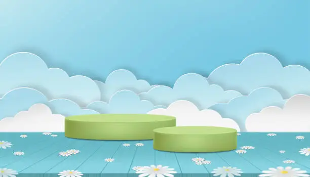 Vector illustration of Studio room 3D green cylinder podium with flower on wood floor and Paper cut cloud layer on blue sky background. Vector cartoon interior Backdrop banner Natural scene for Easter,Spring, Summer sale