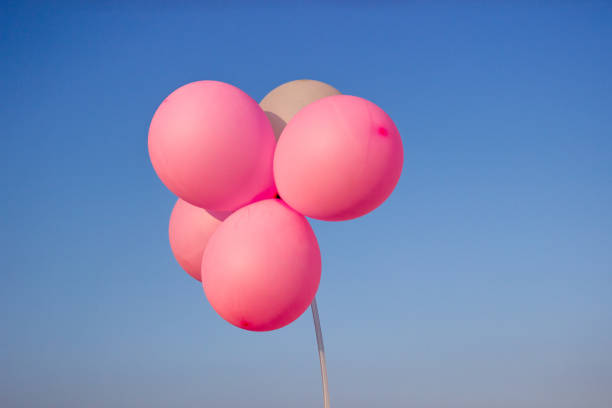 istock Pink balloons flying in the sky 1386458267