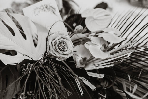 Black and white image of a flower bouquet