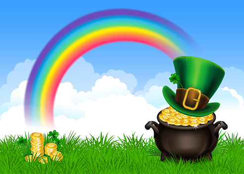 St.Patrick's Day symbols-Pot Of Gold and leprechaun hat. St.Patrick's Day background, Magical Treasure. Vector illustration