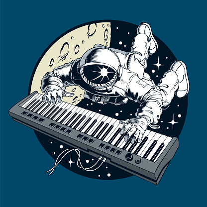 Astronaut playing piano synthesizer in outer space with moon and stars background. Space tourist.	Comic book style vector illustration.