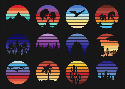 Retro sunset striped circle silhouettes collection vector flat illustration. Vintage 70s 80s style round sunrise nature landscape neon gradient t shirt print design. Mountain, palm, forest, desert