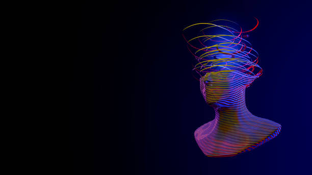 istock 3d digital abstract human face on a dark background. Futuristic face cut into colored slices. Metaverse, artificial intelligence Ai concept. 1386471063
