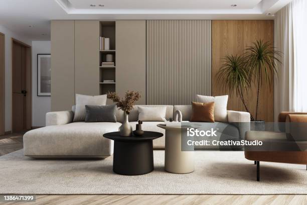 Modern Living Room Interior 3d Render Stock Photo - Download Image Now - Living Room, Modern, Furniture