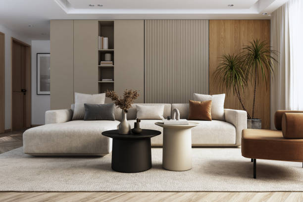 современный интерьер гостиной - 3d рендер - furniture стоковые фото и изображения
