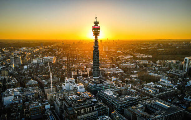 Aerial view of BT tower in London at sunset stock photo