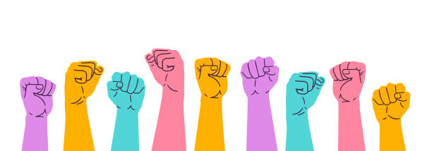 ilustraciones, imágenes clip art, dibujos animados e iconos de stock de manos con los puños en alto. reunión masiva de personas que defienden sus derechos. ilustración vectorial - fist