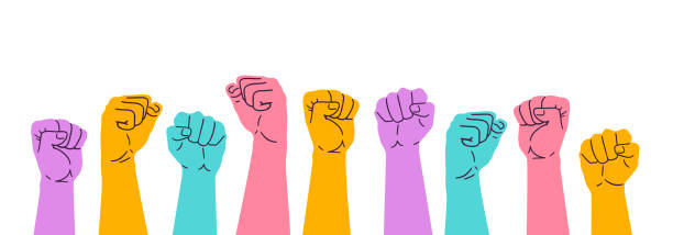 ilustrações de stock, clip art, desenhos animados e ícones de hands with fists raised up. mass gathering of people defending their rights. vector illustration - punho