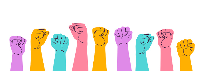 Hands with fists raised up. Mass gathering of people defending their rights. Vector illustration