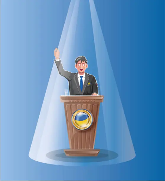 Vector illustration of Politician behind wooden podium tribune rostrum speaking at conference with ukrainian flag