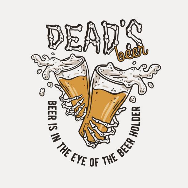 Beer glasses in bone hands of a skeleton for bar Beer glasses in bone hands of a skeleton for bar. Original brew design with beer mugs with foam for print skeloton hand stock illustrations