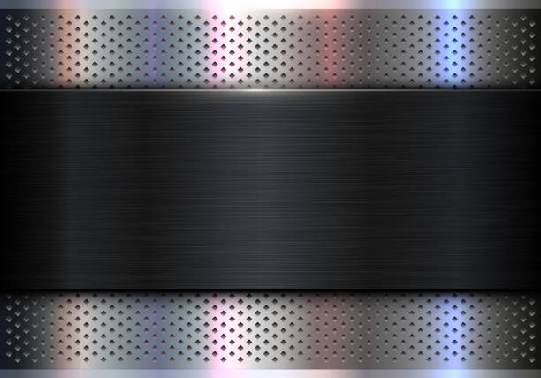 silberschwarzer metallic-hintergrund, banner aus gebürstetem metall auf perforiertem muster - carbon fiber black textured stock-grafiken, -clipart, -cartoons und -symbole