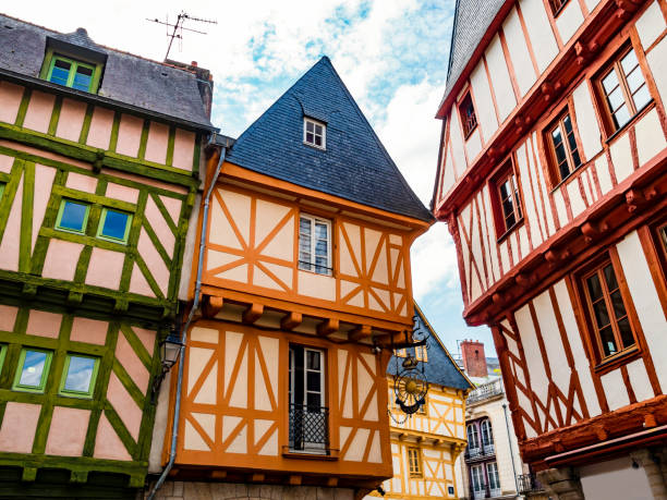 Colorful houses in the historical center of Vannes, coastal medieveal town in Morbihan departement, Brittany, France stock photo