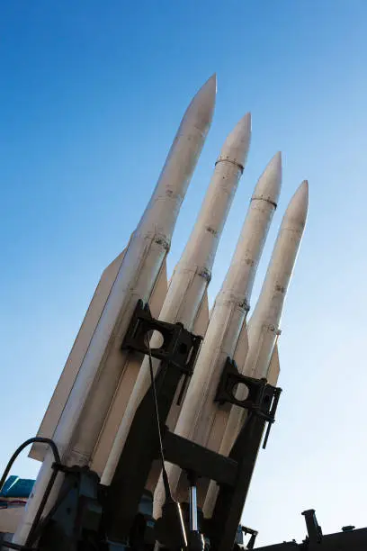 Photo of Missiles of the air defense system on sky background.