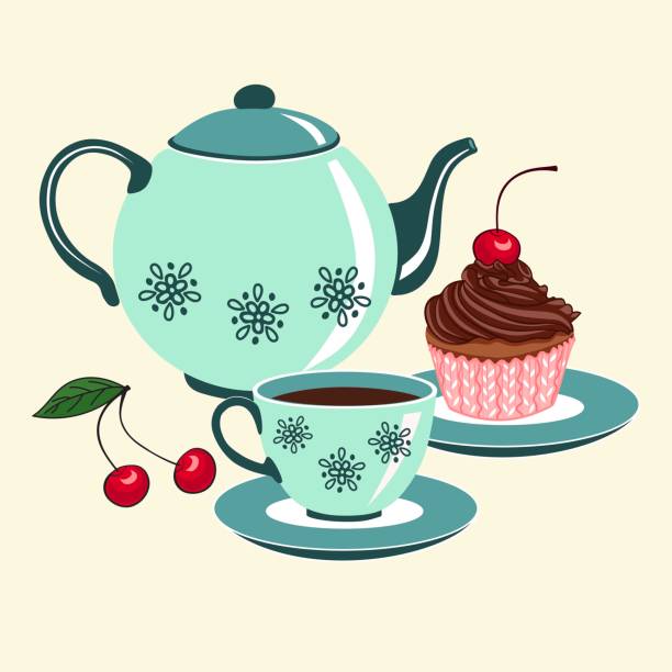 ilustrações de stock, clip art, desenhos animados e ícones de tea pot tea cup and cupcake hand drawn vector illustration - flower cherry cup tea