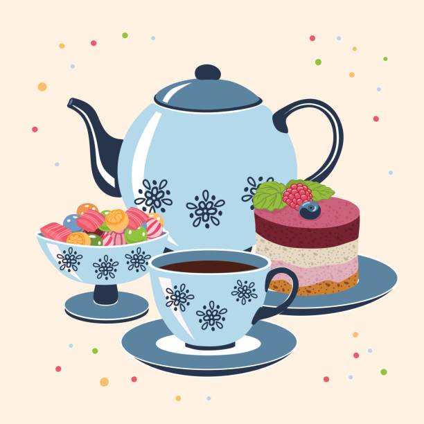 illustrazioni stock, clip art, cartoni animati e icone di tendenza di vaso da tè tazza con caramelle e torta disegnata a mano illustrazione vettoriale - tea cakes