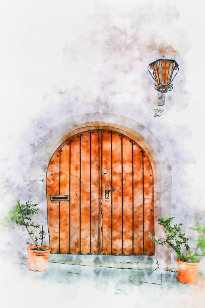 istock Watercolor drawing beautiful door at Germany. 1386484138